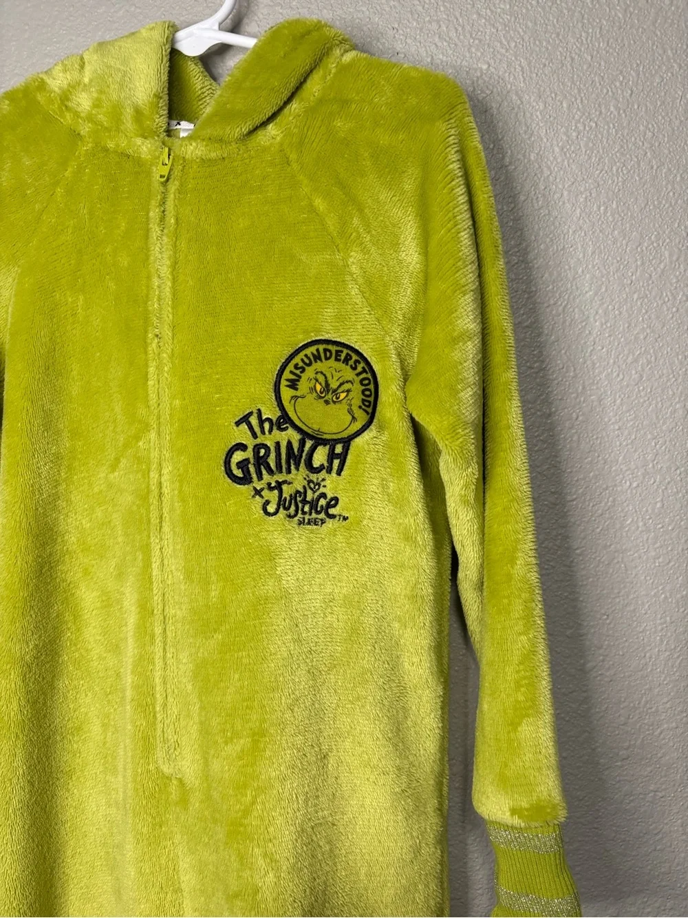 Justice x Dr. Seuss The Grinch Hooded Union Suit Pajamas XS 5/6 Green Fleece